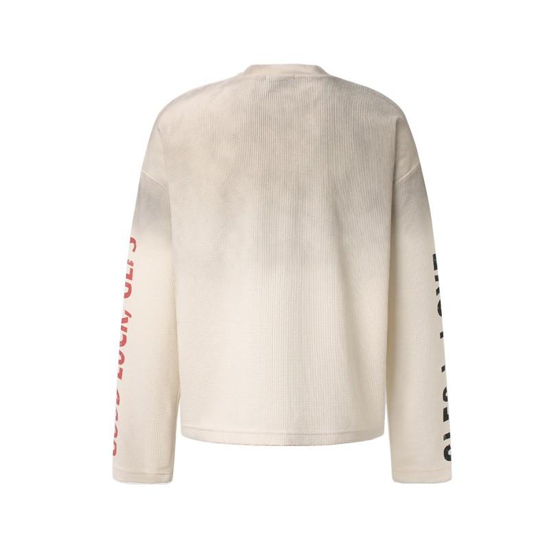 2026 Mens Long Sleeve Sweatshirt American Street Style Vintage Distressed Waffle Knit Casual Top