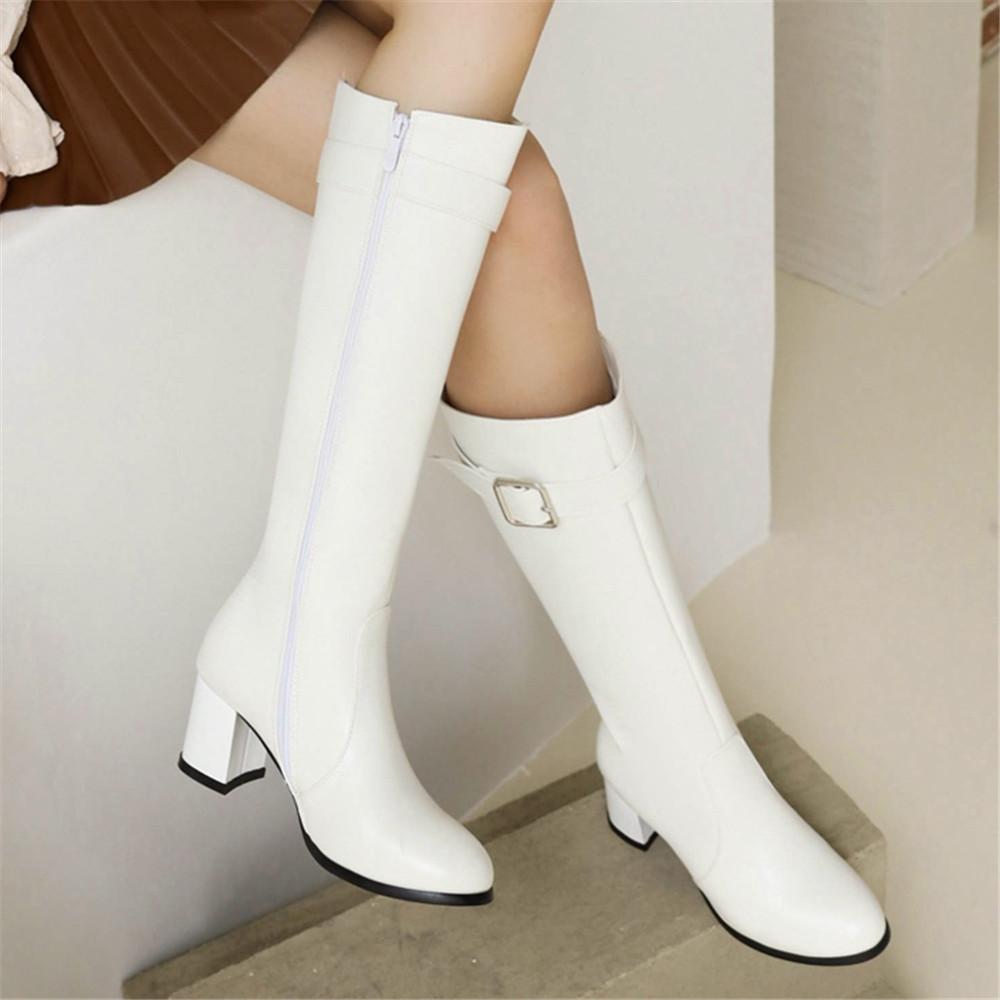 Módní dámské kozačky nad koleno Podzimní zimní boty Černé bílé střední podpatky S přezkou Dlouhé kotníkové boty Kozačky nad stehno Dámské boty Velikost 33-43