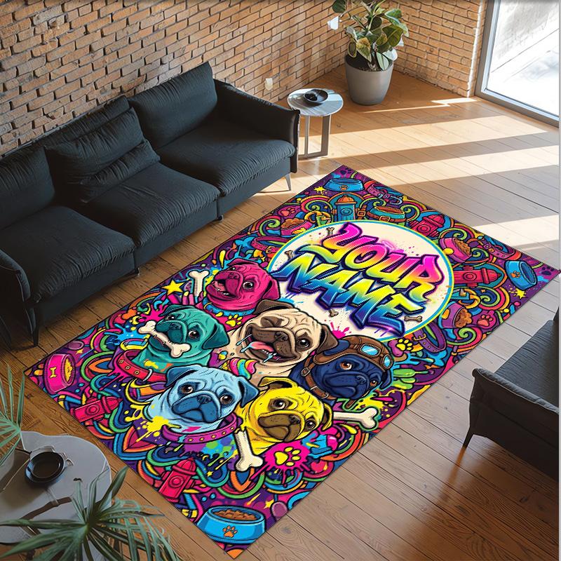 Pug Theme Crystal Velvet Floor Rug Personalized Custom Name Text Warm Carpet Home Decoration