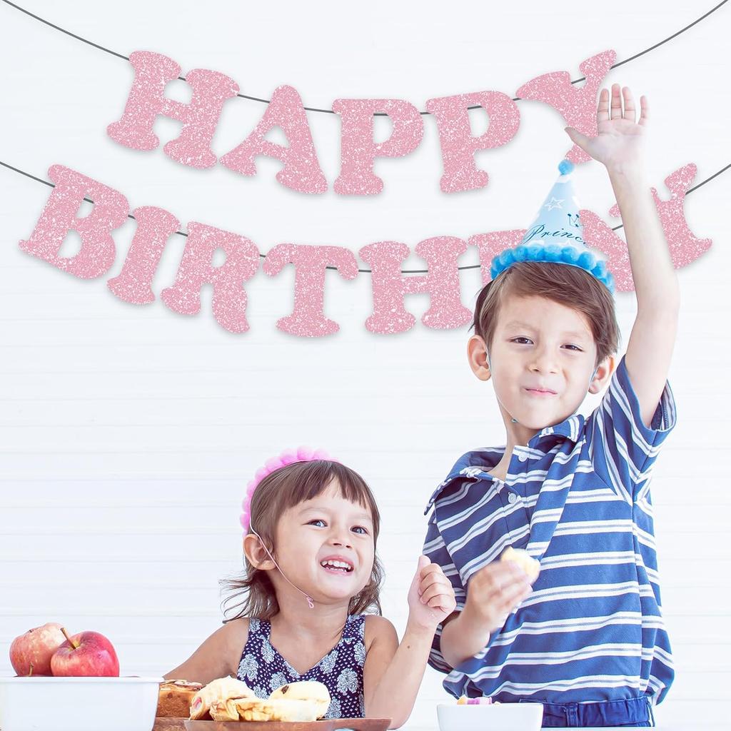 Whaline Light Pink Glitter Happy Birthday Banner Hot Girl Party Decoration Summer Hanging Garland for Pink Birthday Baby Shower Party Backdrop