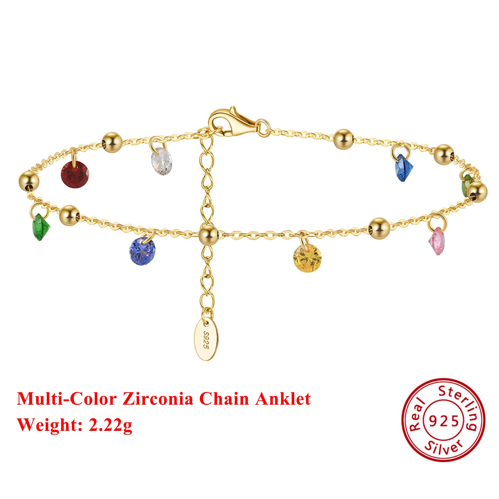 

Effie Queen 925 Sterling Silver Anklet Cable Beads Ball Chain With AAAA Multi-Color Zirconia Mix-Color Design Body Chain SA93