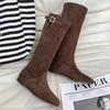 Winter Mid-Calf Boots Women Cow Suede Metal Buckle Decoration Vintage Western Knight Boots Female Handmade