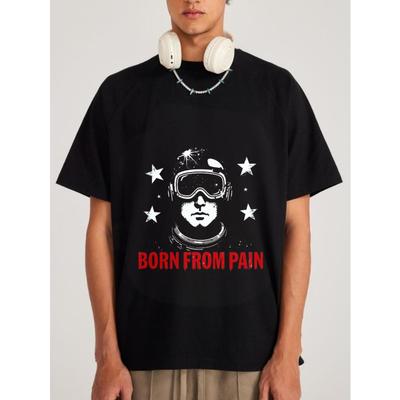 White T-Shirt with Skull and Stars Print Born From Pain Text Design for Casual Wear