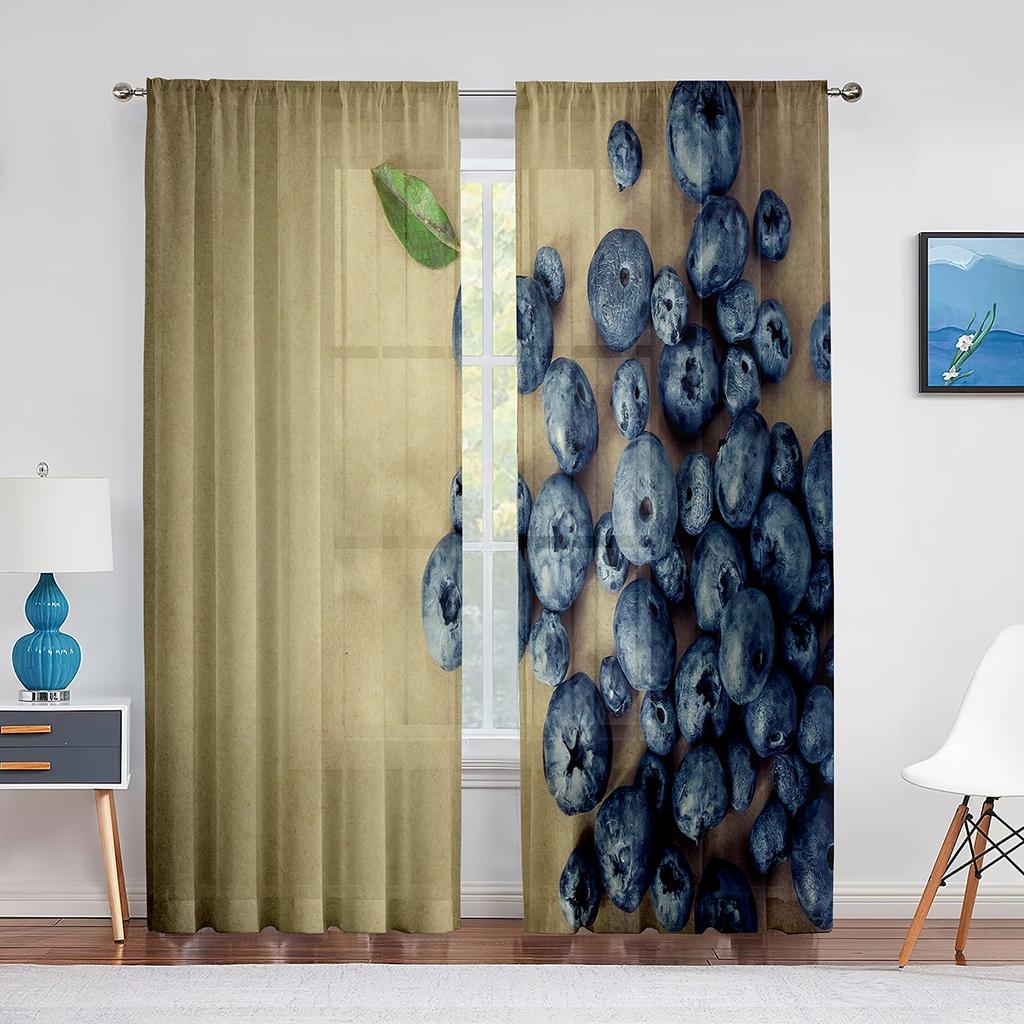 Blueberries Fruit Green Leaf Tulle Curtains for Living Room Bedroom Decoration Chiffon Sheer Voile Kitchen Window Curtain Drapes