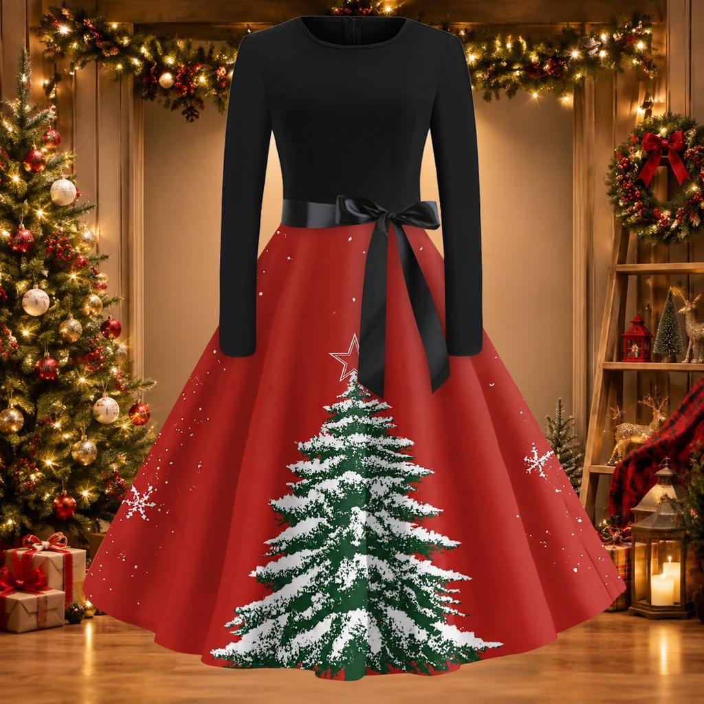 Women's Casual Vintage Christmas Print Neck Dress