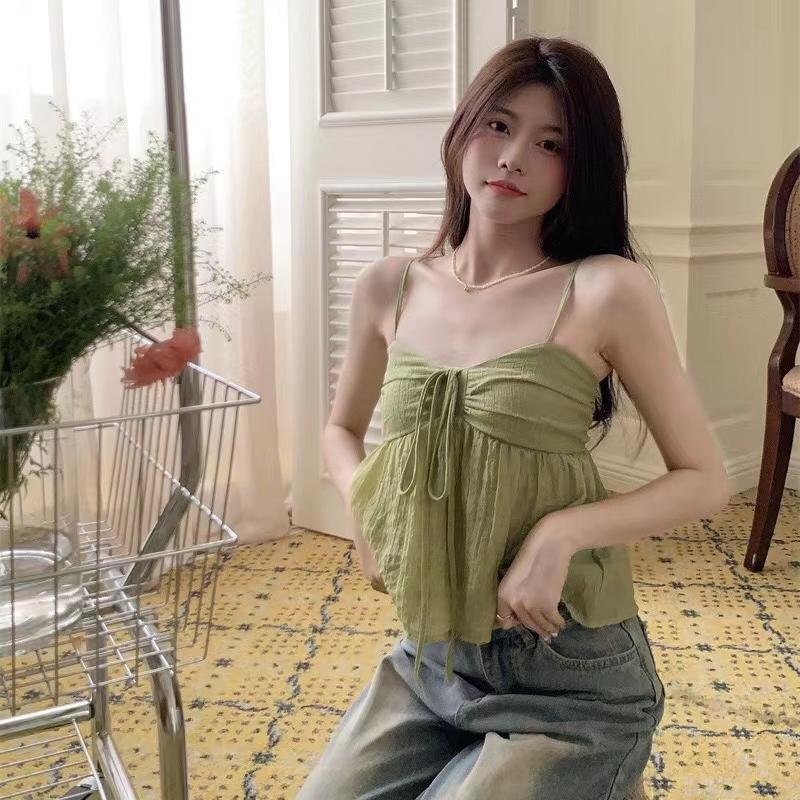 Frauen Leinen Süße Babydoll Rüschen Crop Ärmelloses Top Dünnen Riemen Vorne Schleife Flowy Camis Weibliche Koreanische Tank Top