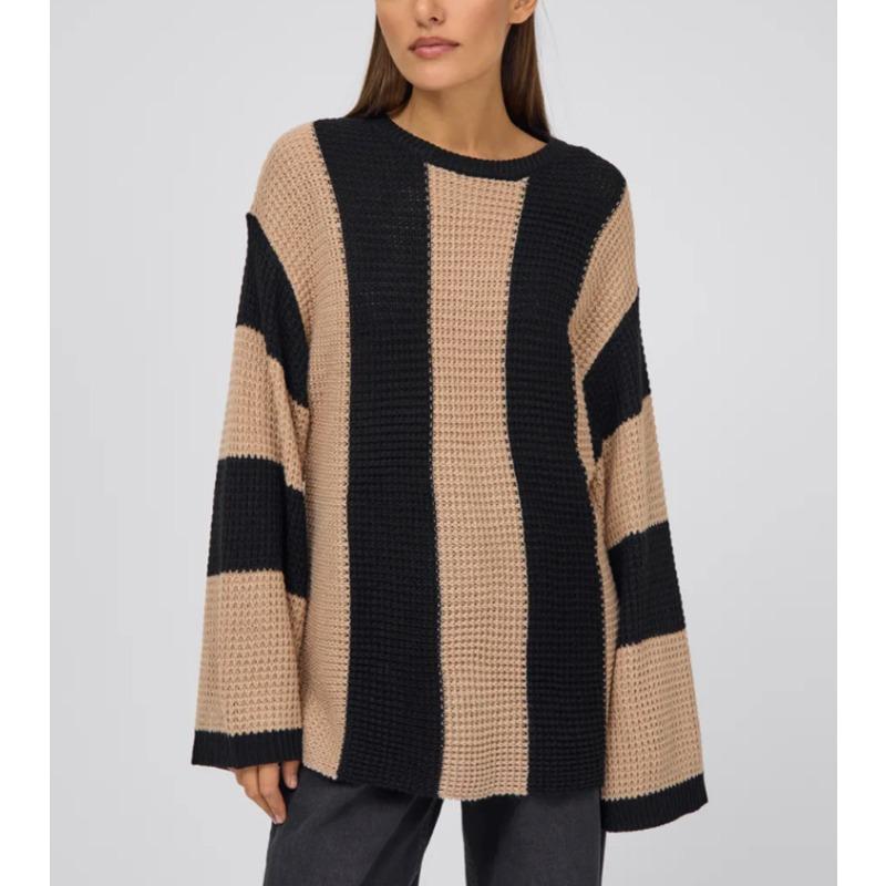 

Женский свитер с длинным рукавом и полосками, с круглым вырезом, осенний, нижняя рубашка, топ, свитер, контрастного цвета, простой, ветрозащитный, вязаный свитер, женский, свободный XL хаки