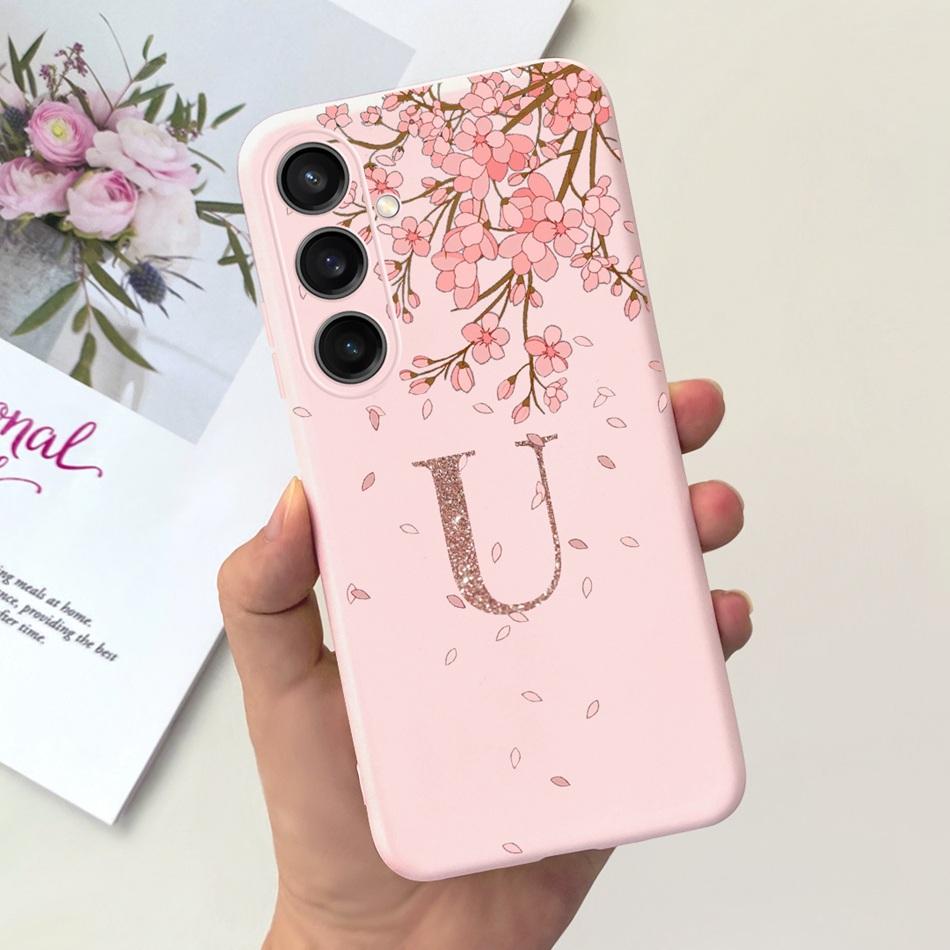For Samsung Galaxy A15 Fashion Crown Sakura Initial Letter Case For Samsung A15 SM-A155F A 15 4G Soft Silicon Phone Bakck Cover