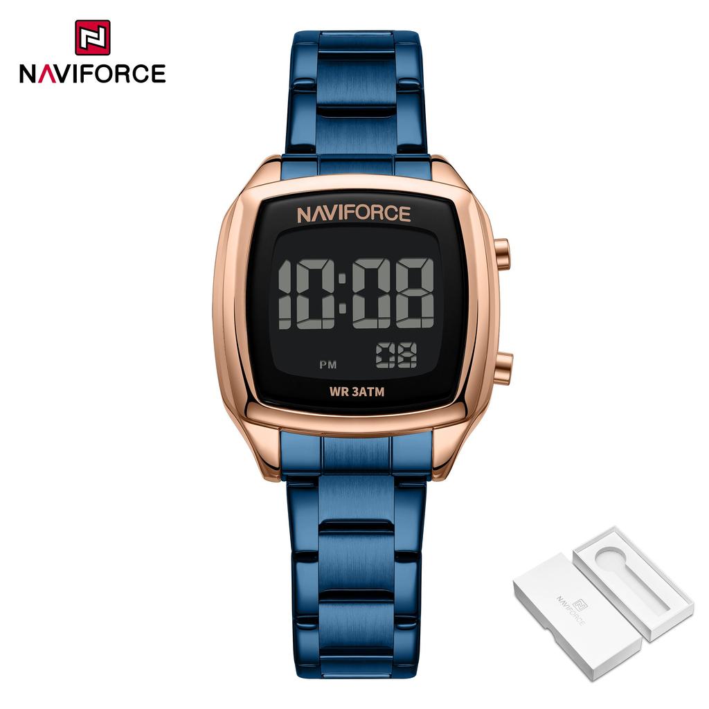 NAVIFORCE Women Digital Waterproof Watch Casual Sport Multifunction Stopwatch Gold Square Luminous Date Dial Stainless Steel Strap NF5047
