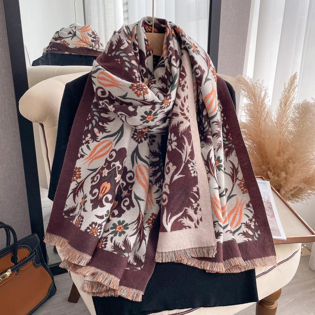Scarf Women'S Winter Fashion Thickened Imitation Cashmere Student Scarf Neck Protection Warm Shawl Double-Sided Printing