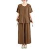 Women's Large Size Tencel Cotton-Linen Summer Suit: Slimming Round Neck Top & Wide-Leg Pants Two-Piece Set