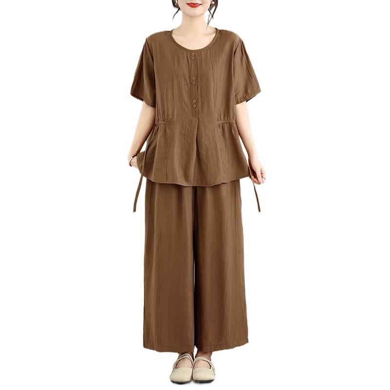 Women's Large Size Tencel Cotton-Linen Summer Suit: Slimming Round Neck Top & Wide-Leg Pants Two-Piece Set