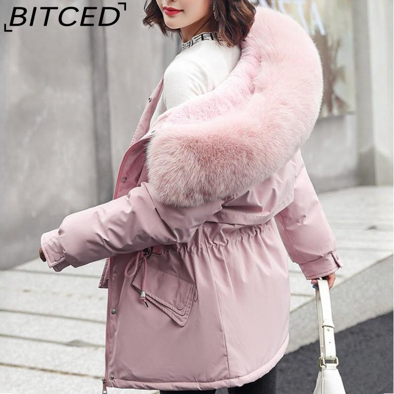 BITCED Women's Mid-Length Drawstring Cotton Coat with Fleece Lining Loose-Fit Puffer Jacket with Down-Fill Cotton Padding Winter Outerwear