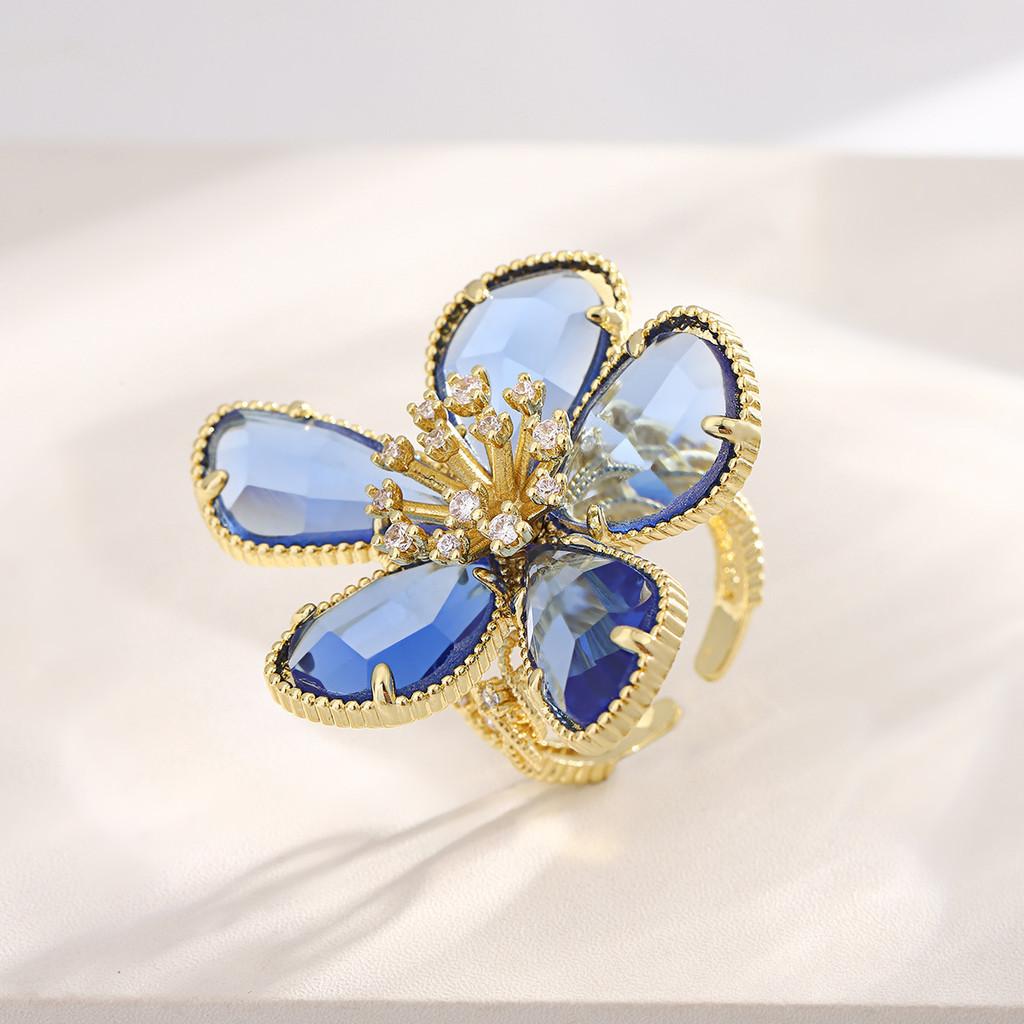 Copper Zircon Flower Open Ring For Women With Adjustable Size And Christmas Holiday Style