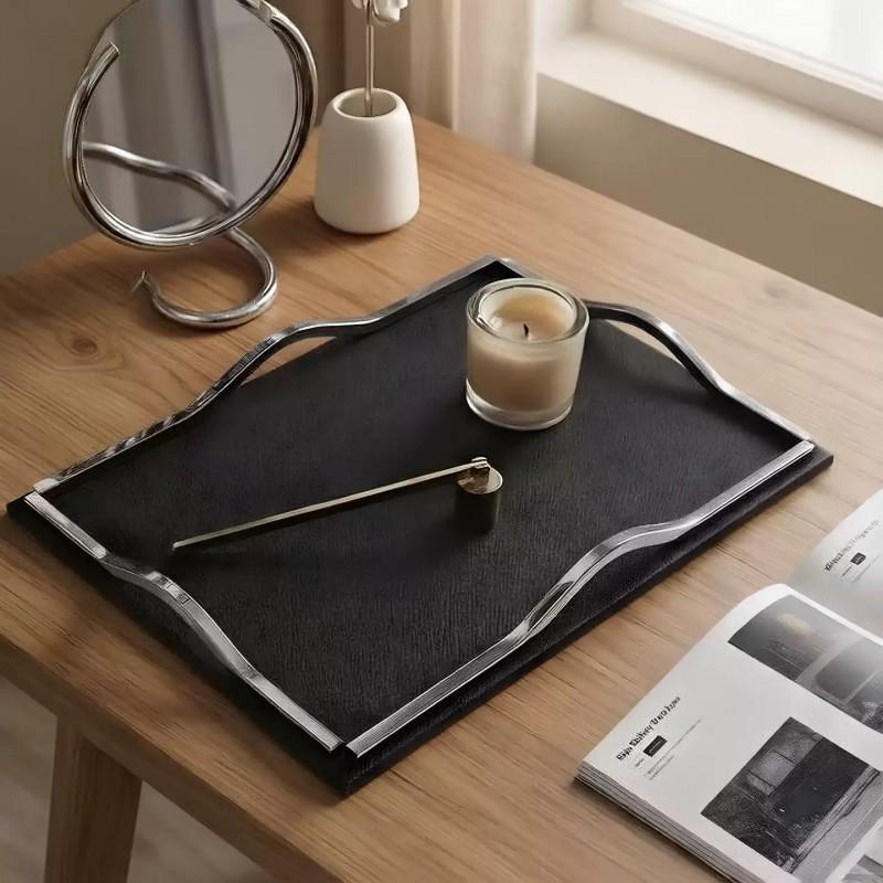 Luxury Grid Leather Tray Square Entryway Key Organizer Stainless Steel Desktop Decor Modern Home