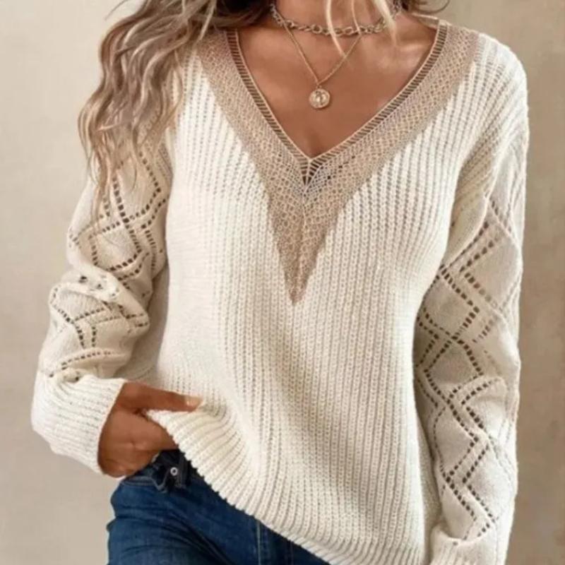 

Женский свитер 2025 Корейский повседневный Новый свитер Женский V-образный вырез Модный полый вязаный топ Однотонный с длинными рукавами Пуловер CR4309 XL