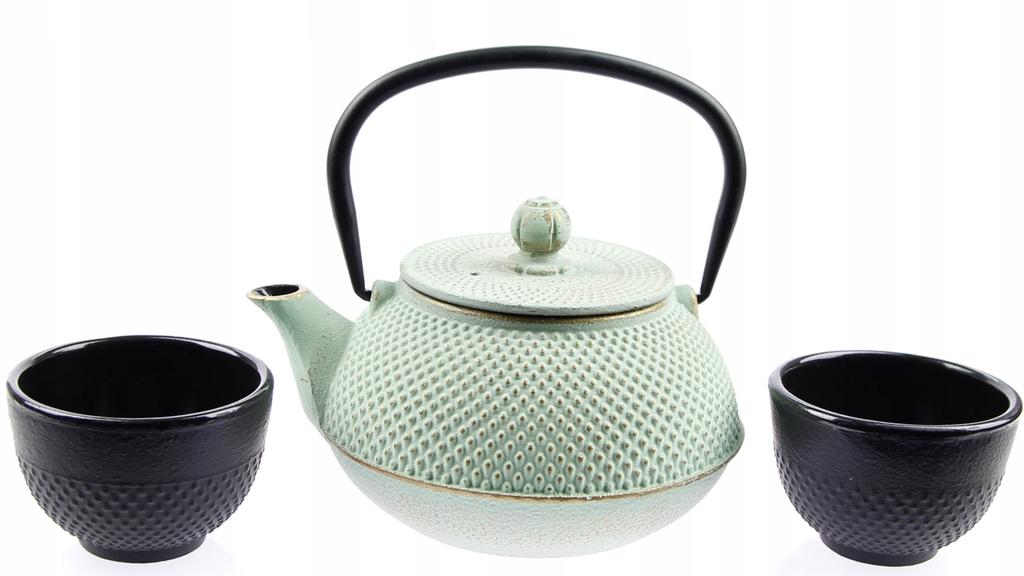 0.8L CAST IRON TEA TEAPOT INFuser 2x Enameled Cups
