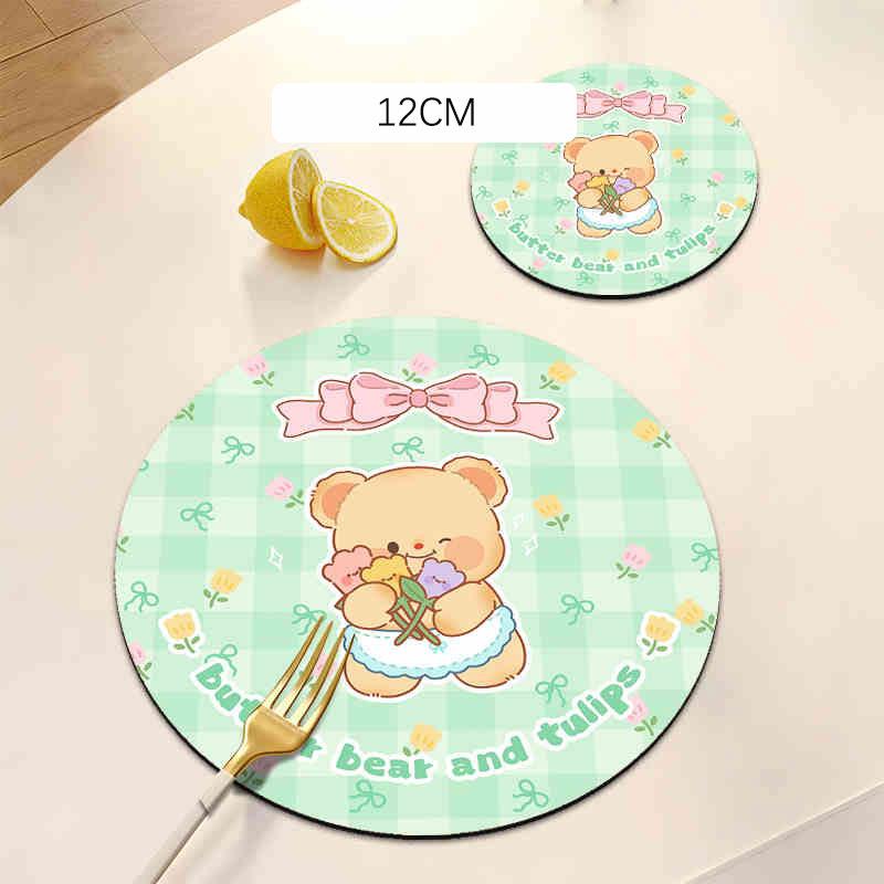 Cute Bear Rubber Coaster Round Heat Insulation Anti Slip Cup Mats Absorbent Reusable Pad Kitchen Items Accessories Decoration