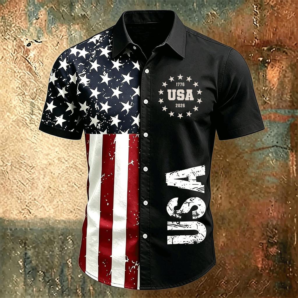 Men Short Sleeve Button Down Shirt with Lapel Collar Casual Fit USA Letter Print and Flag Pattern for Spring and Summer Season
