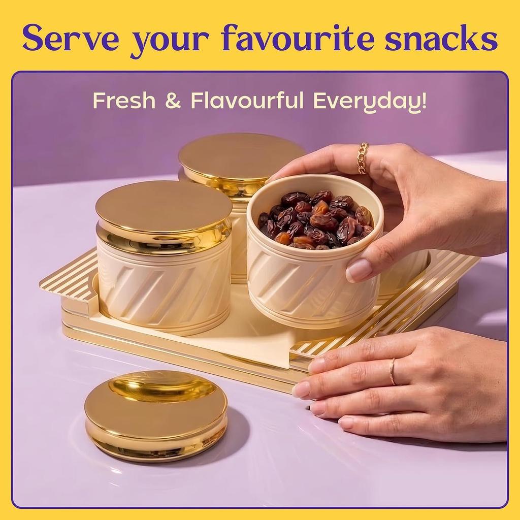 Dry Fruit Container Tray Set with Lid & Serving Tray, Airtight Container Set 430ml (4 Pieces, Polypropylene) (Elegance Ivory)