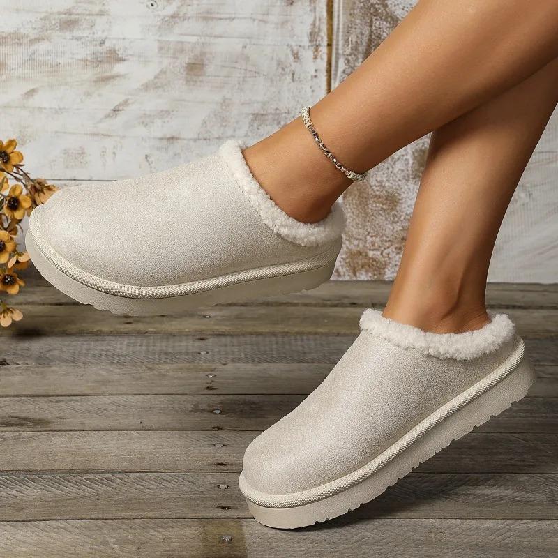 Módní dámské zimní zateplené fleecem teplé sněhule pro vnitřní i venkovní použití, protiskluzové bavlněné pantofle s kulatou špičkou, ploché boty, gumová podrážka