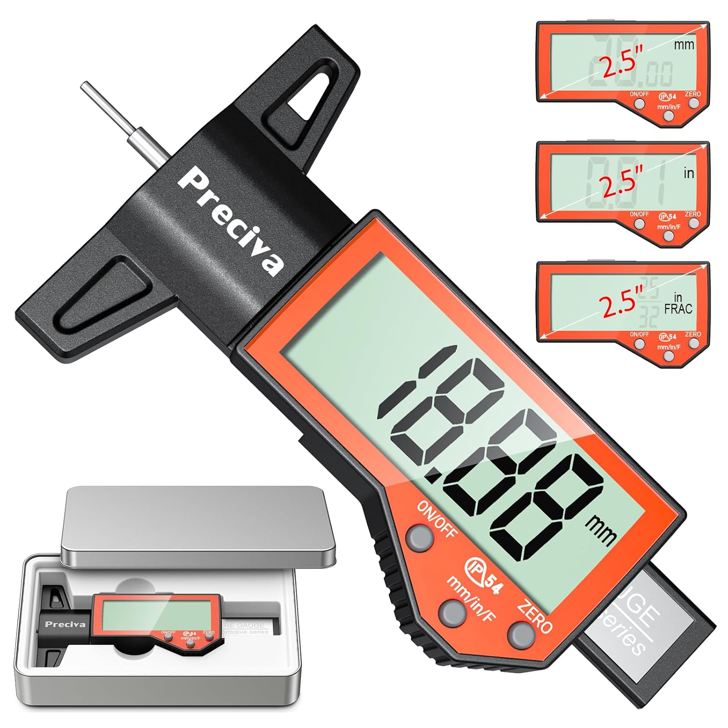 Preciva Цифровой измеритель глубины протектора шин с большим ЖК-дисплеем и преобразованием в дюймы, миллиметры, доли, Измеритель глубины протектора