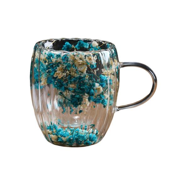 Double-Walled Glass Mug with Dried Flowers 250/350ml Heat Resistant Handle Coffee Cup for Hot Drinks Unique Artistic Glassware