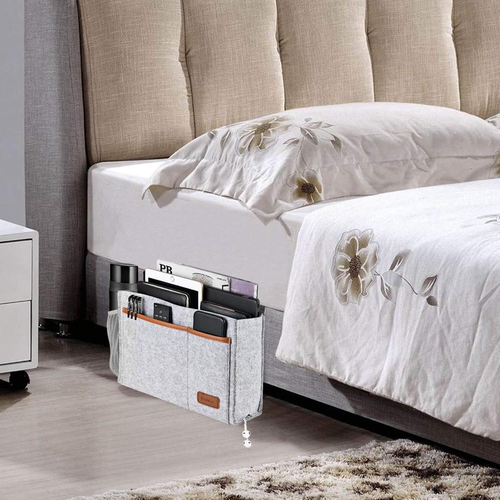 Bedside Caddy, Felt Bed Storage Organizer Hanging Bag Holder with 5 Pockets, Magazine Book Phone Tablet iPad Cables Remote and Water Bottle Holder