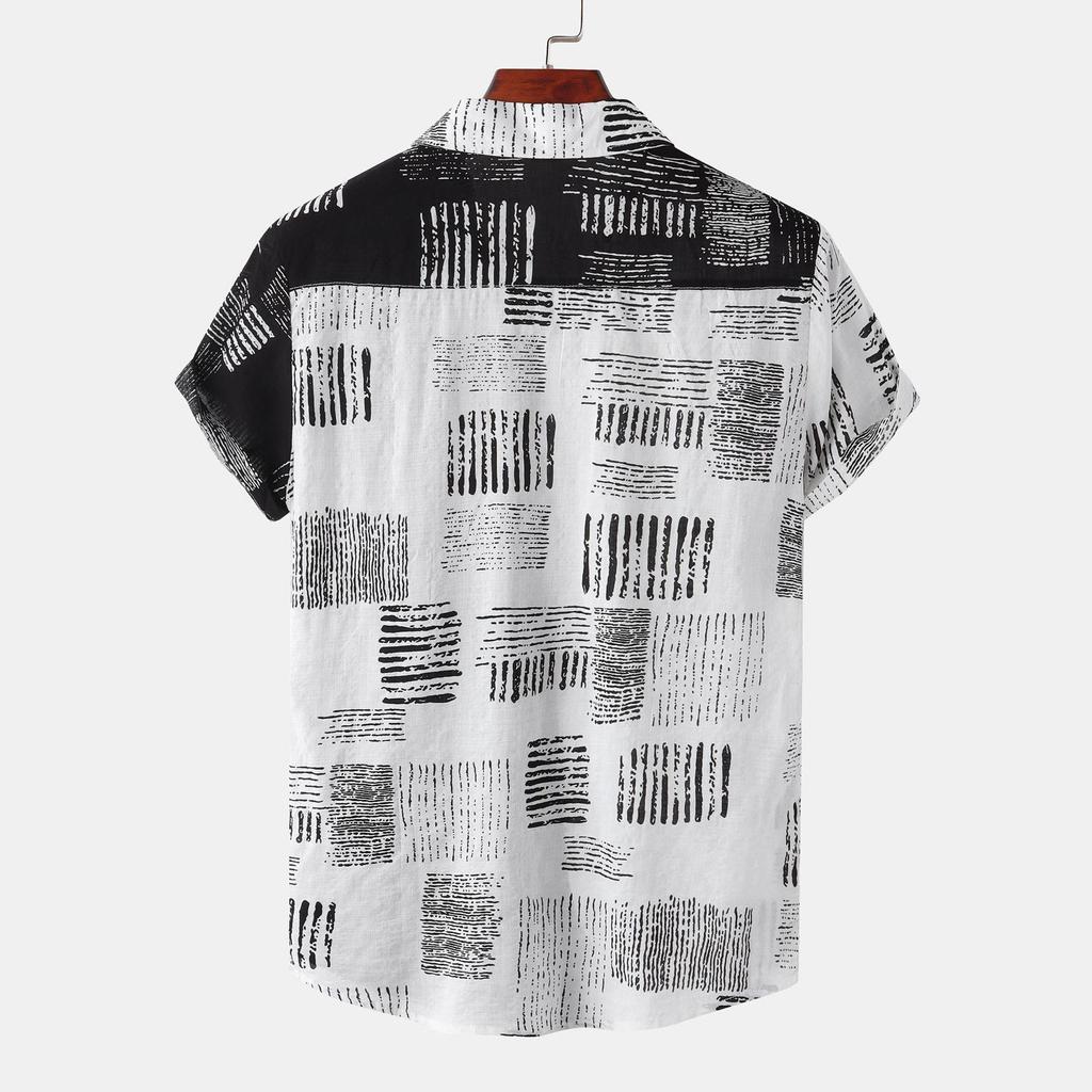 Men's Loose Casual Hawaiian Vacation Short Sleeve Printed Patchwork Top Beach Button Up Shirt