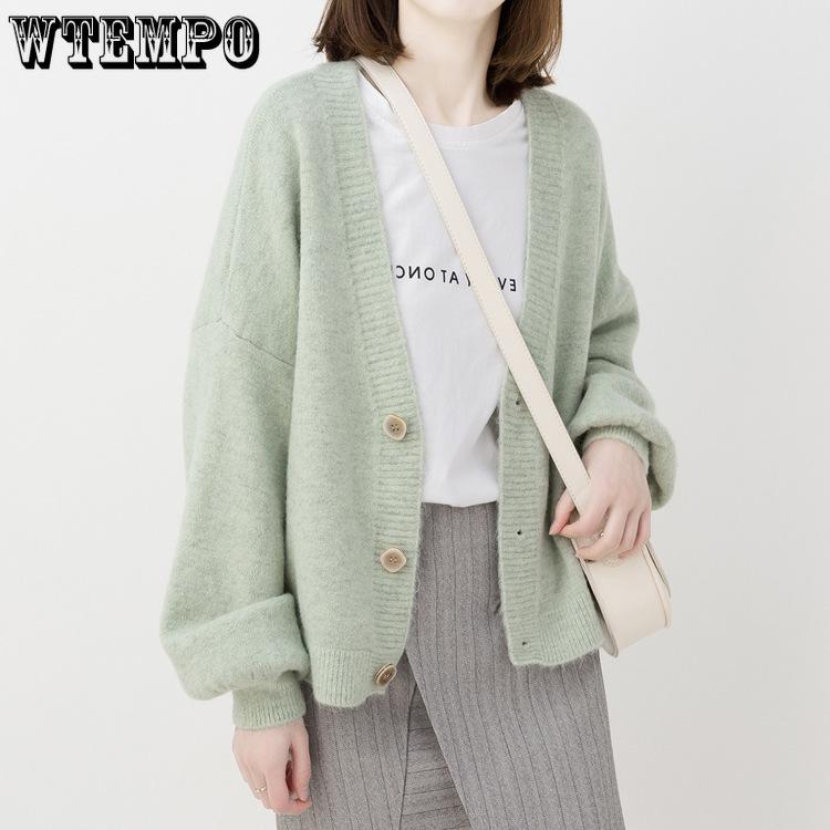 Spring and Autumn Women's V-neck Knitted Sweater Loose  Women's Cardigan Long Sleeve Sweater