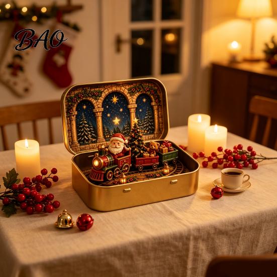 Prezent pod choinkę Mały Świąteczny Cud w Puszce, Mini Dekoracja Diorama Świąteczna, Miniaturowa Zimowa Scenka Ozdobna ze Świętym Mikołajem, Choinką, Prezentami