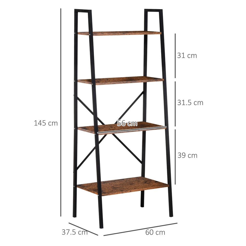 Ladder Shelf, Bookshelf, 4-Tier Industrial Storage Rack for Living Room, Bedroom, Kitchen, Rustic Brown and Black