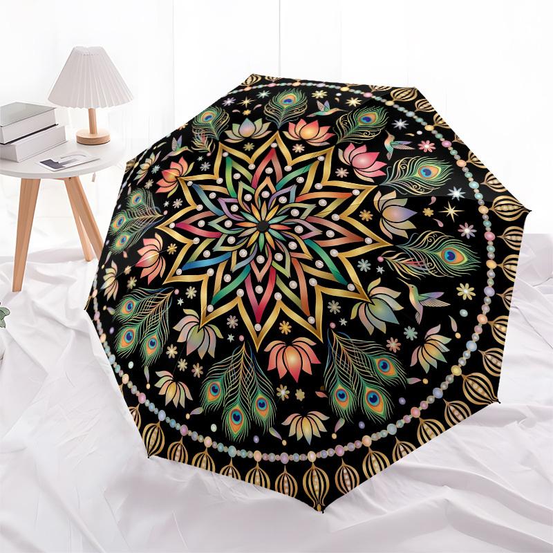 1pc Mandala, Peacock Feathers, Lotus Flowers Umbrella with Plastic Handle,Compact & Stylish,Suitable for All Seasons YS331061