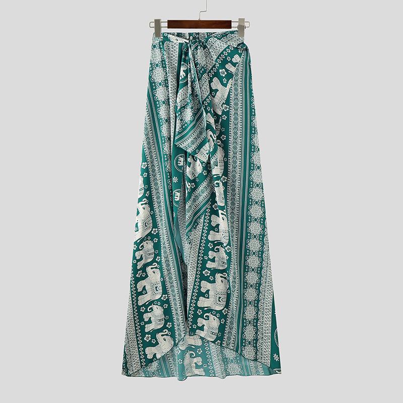 

INCERUN Мужские бандажные юбки с оборками и разрезами на талии в стиле бохо, длинные юбки для отдыха в стиле бохо XL зелёный