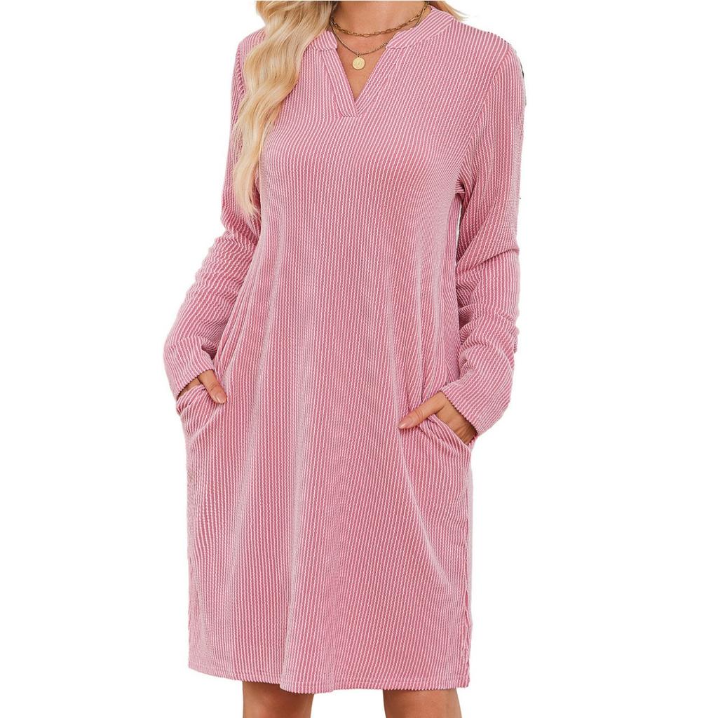Fall Winter Women's Loose V-neck Long Sleeve Pocket Casual Loungewear Dress, European American Crossbody Fashion