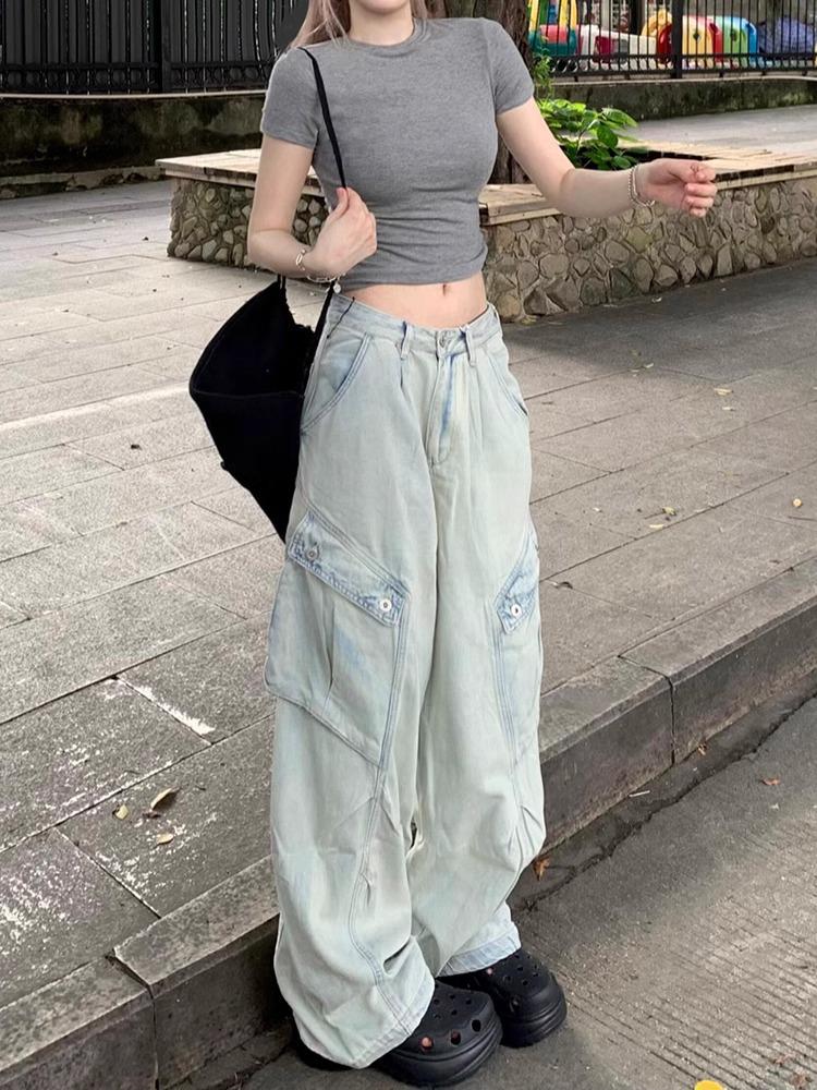 

Женские ретро-джинсы Light Wash Wide-Leg Workwear на лето Extra Large светло-синий