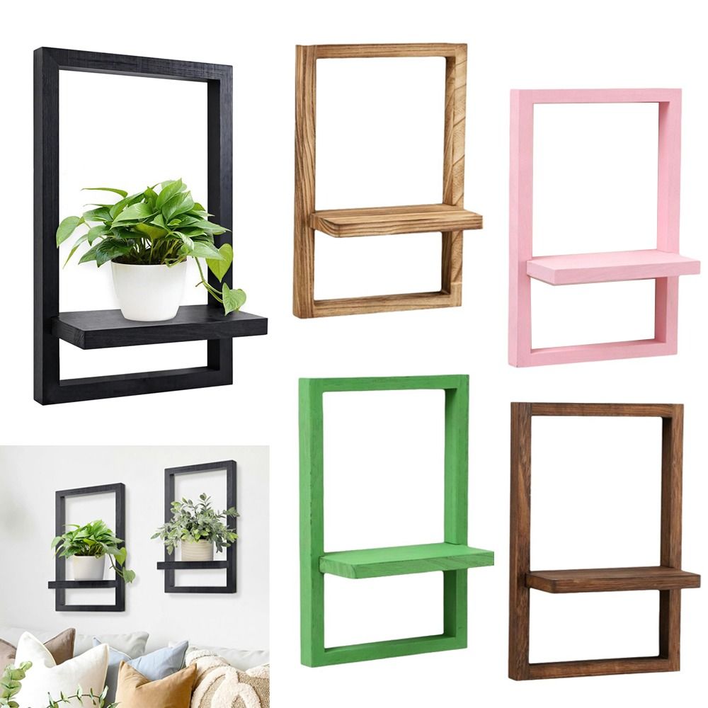 Decorative Wooden Wall Shelf Square Storage Rack Versatile Plant Display Rack Flower Vases