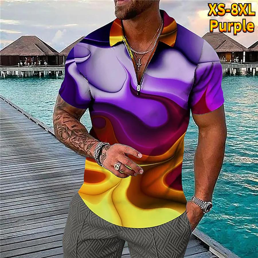 

Повседневная футболка с лацканами, молодежная мужская модная футболка на молнии, футболка с коротким рукавом, мужская футболка с 3D полихромным принтом 8XL фиолетовый