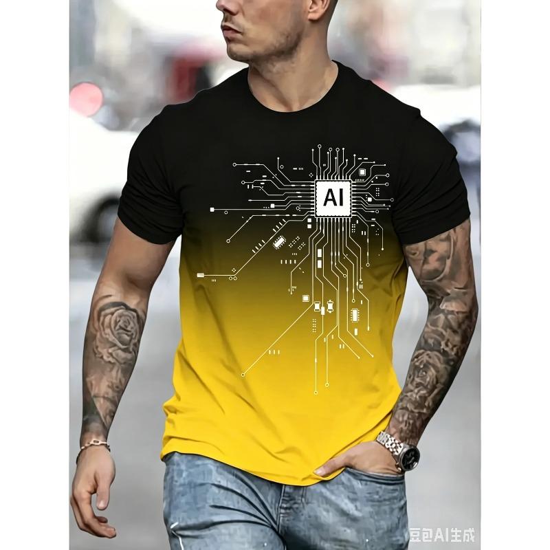 2026 New Men's AI Circuit Board Print T-shirt Gradient Crew Neck Short Sleeve Casual Tee for Streetwear Summer Breathable Tops