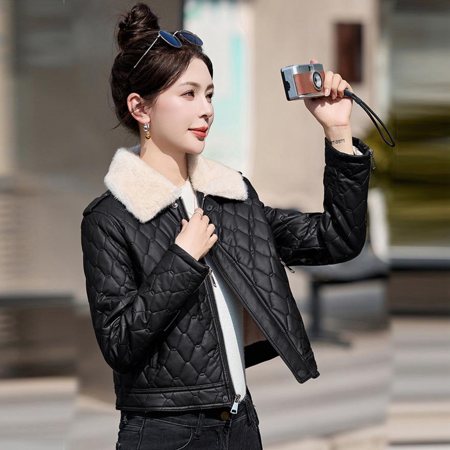 Popular fur collar fleece leather jacket women's short winter new small motorcycle jacket cotton coat