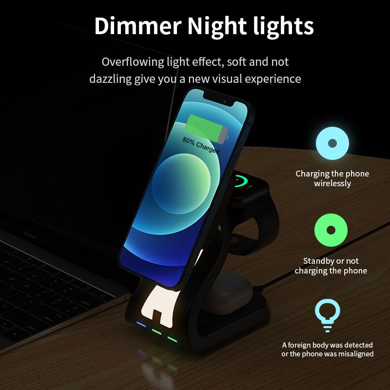 New Release Product 15W Phone Charging Stand 3 in 1 Magnetic Wireless Chargers with Light for Phone for Earphone for Watch Gifts