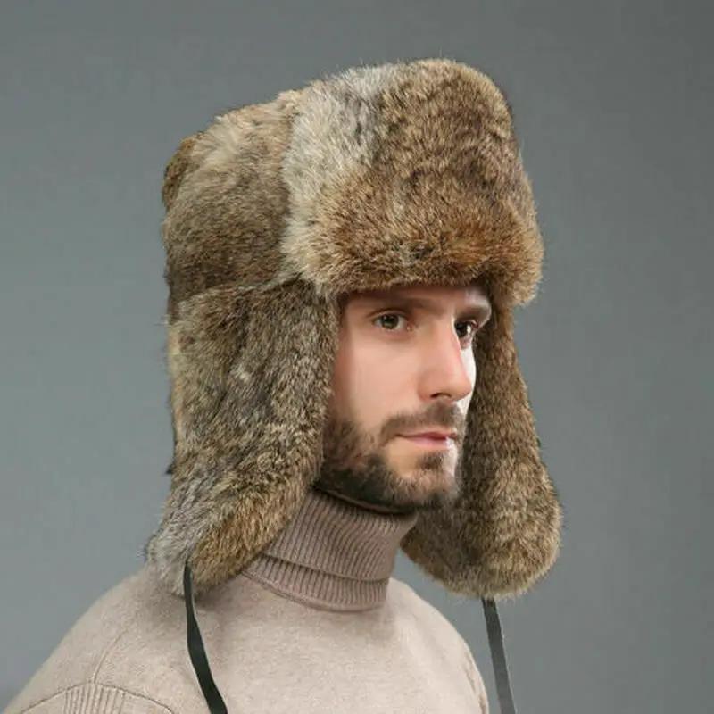 Warm Winter Rabbit Fur Mens Hat Russia Trapper Earflap Ski Cap Winter Hat