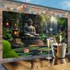 Grande arazzo da parete piatto 2D Buddha per meditazione Zen da giardino, ispirazione thailandese per fondo di stagno e cascata con statue di Buddha, fo