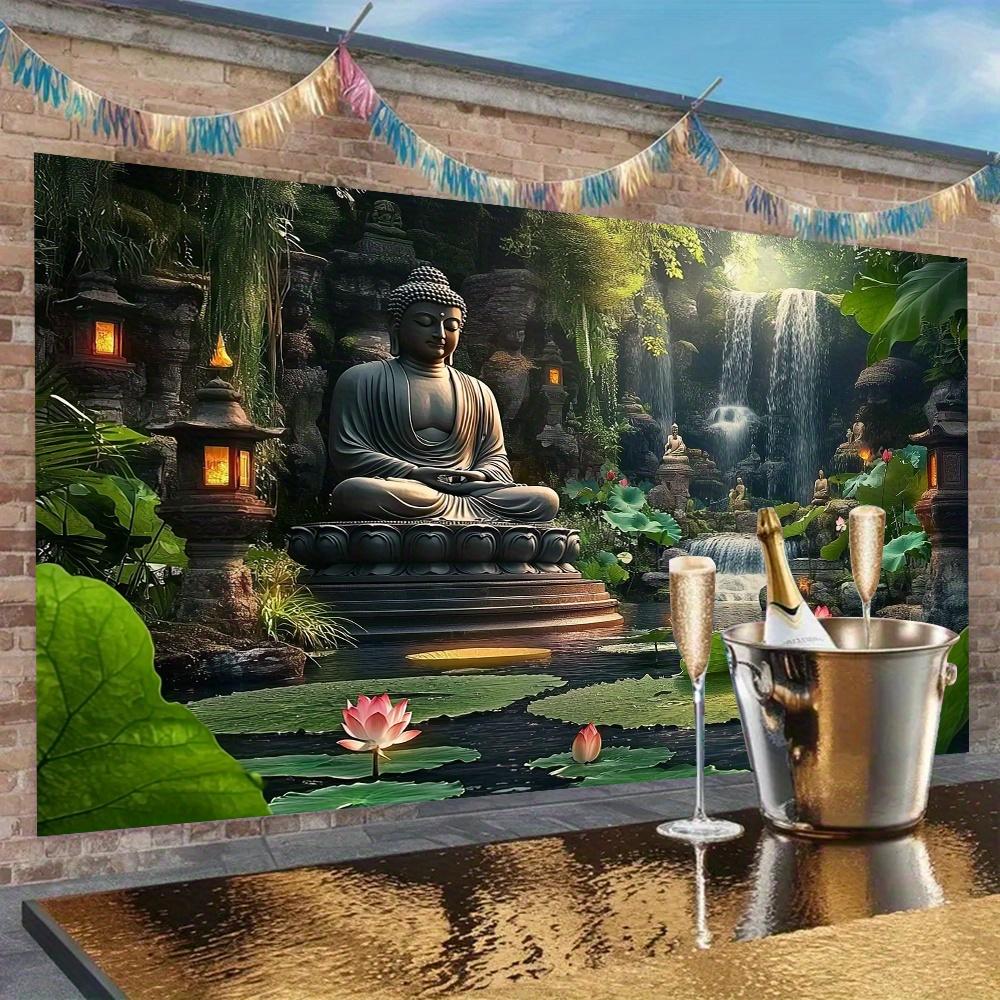 Grande arazzo da parete piatto 2D Buddha per meditazione Zen da giardino, ispirazione thailandese per fondo di stagno e cascata con statue di Buddha, fo