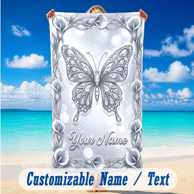 Butterfly Theme Beach Towel Personalized Custom Name & Text Soft Quick Dry Beach Towel for Swimming Travel