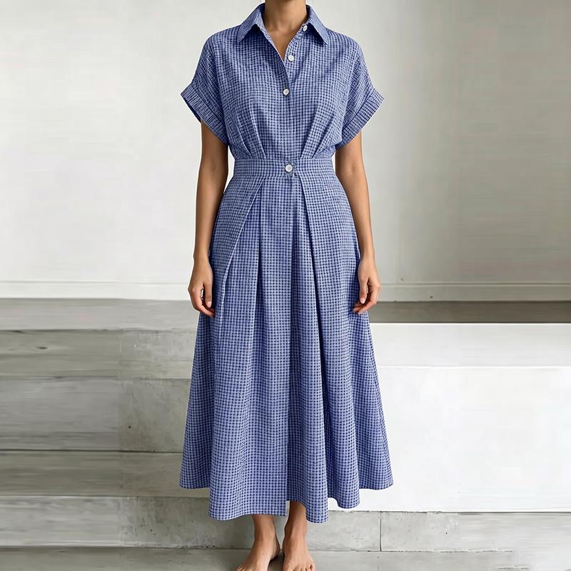 ZANZEA Casual dames overhemdjurk met omgeslagen kraag, ruitprint, losse korte mouwen