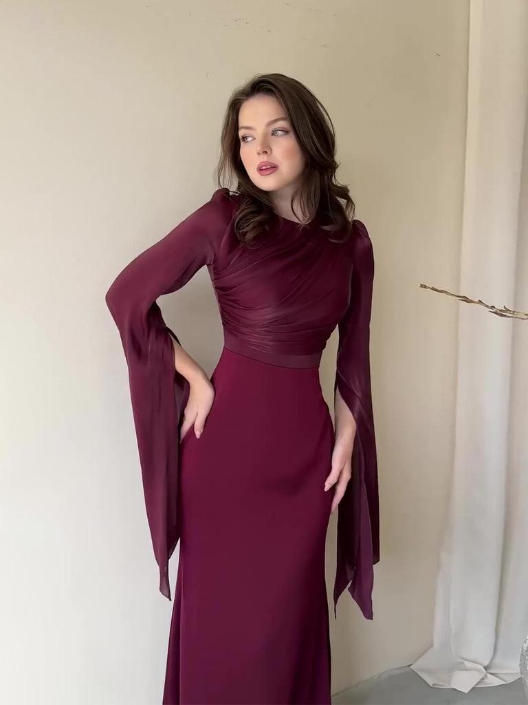 2025 Spring Socialite Slimming Spliced Glass Yarn Long Sleeve Satin Dress