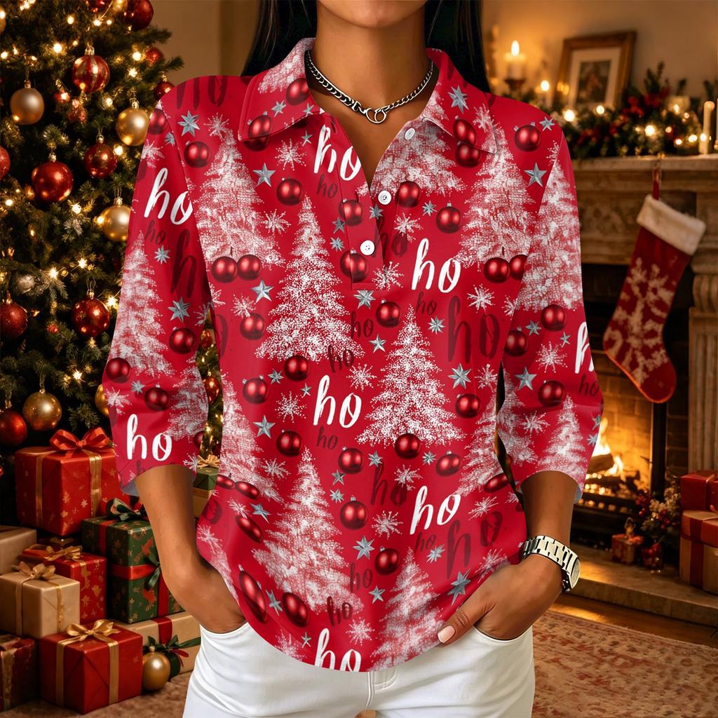 Women's Casual Christmas Print Collared Top with Button Front and Three-Quarter Sleeves