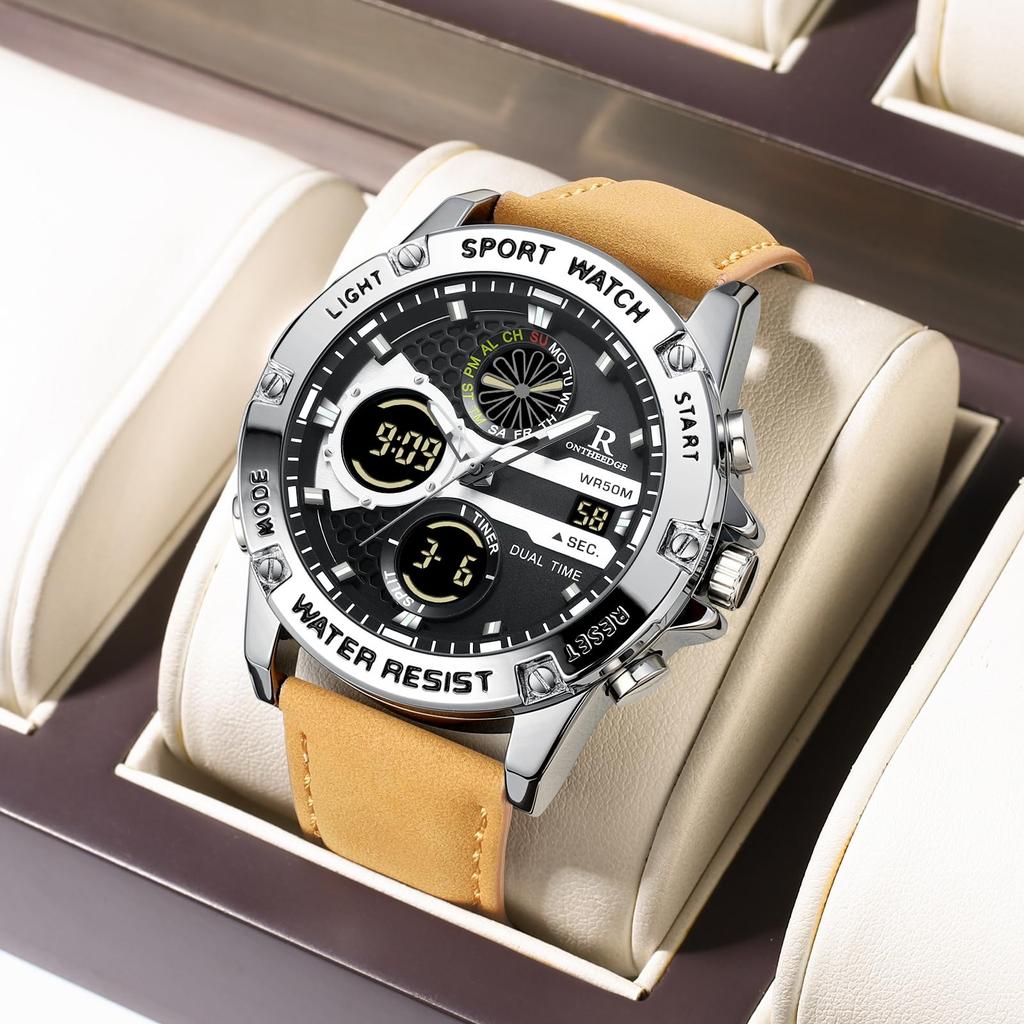 Quartz 5 ATM Water Luminous Genuine Leather Dual Large Suitable for Job Gift Men's Watch, Analog-Digital Watch, Resistant, Hands, Strap,