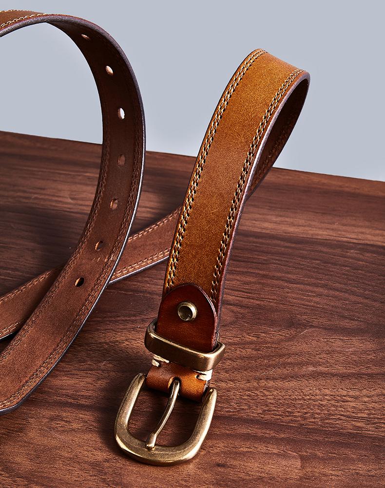 Men's Handmade Retro Leather Belt with Brass Buckle - Genuine Cowhide, Versatile and Trendy for Casual Wear